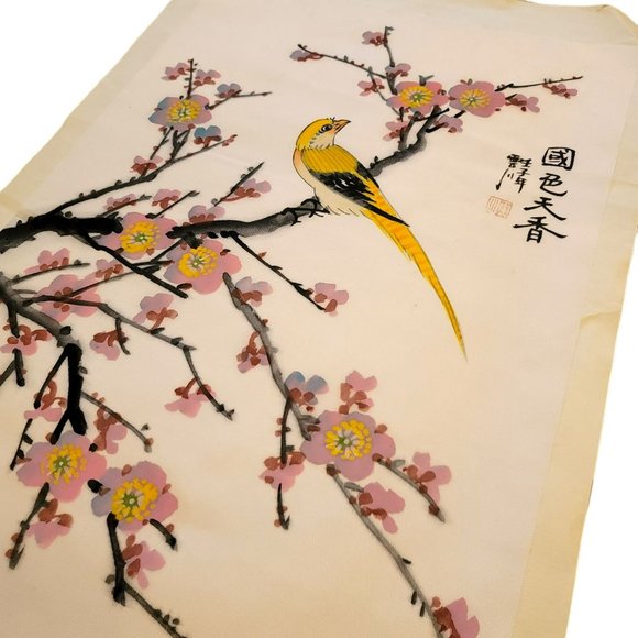 Chinese Hand Painted Fabric Art Yellow Bird + Cherry Blossoms Vintage LI5116 - Picture 4 of 4